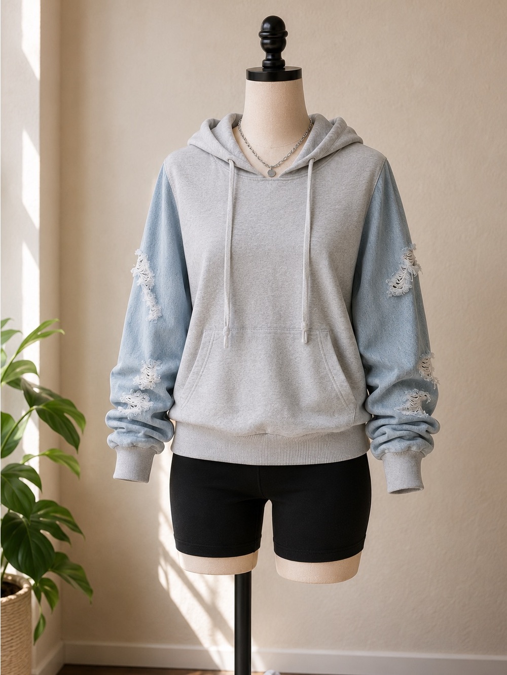 Thrill 94 Distressed Denim Sleeve Hoodie | Gray Pullover | Size Small